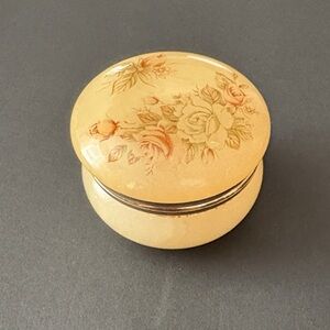 VTG Alabaster Trinket Jewelry Box Hinged Lid Italy Rose Floral Round Vanity Case